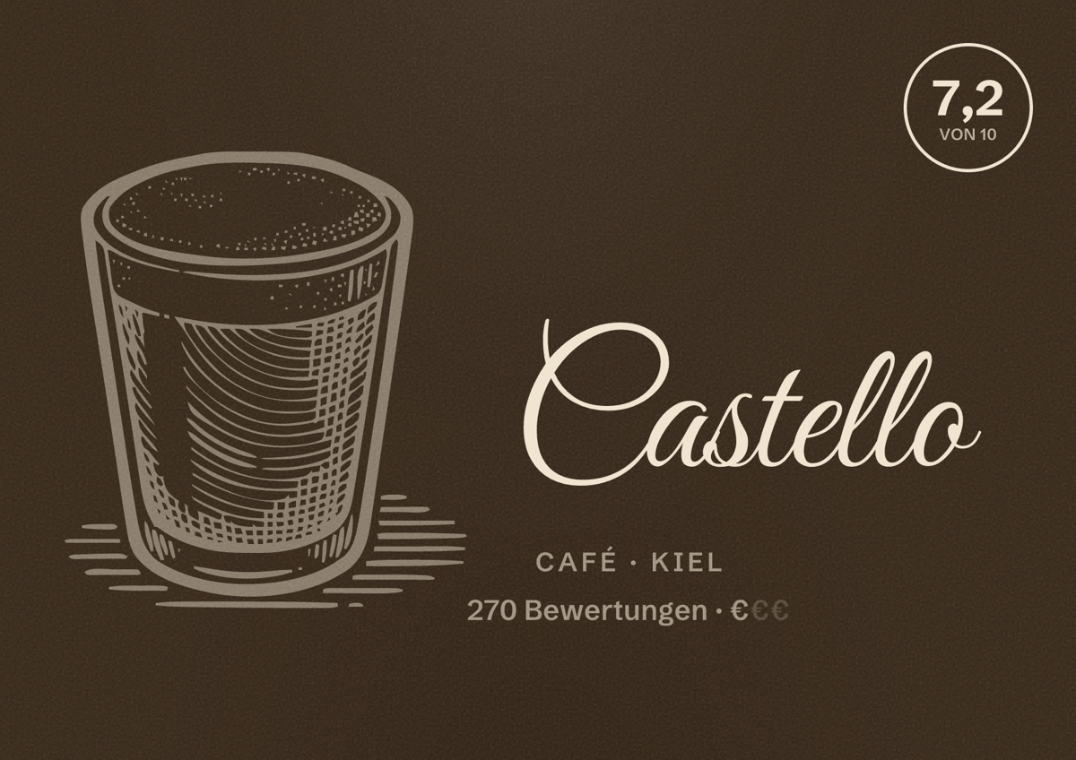 Illustriertes Poster von Castello, Café in Kiel: Bewertung 7,2 von 10 aus 270 Bewertungen, Preisniveau €