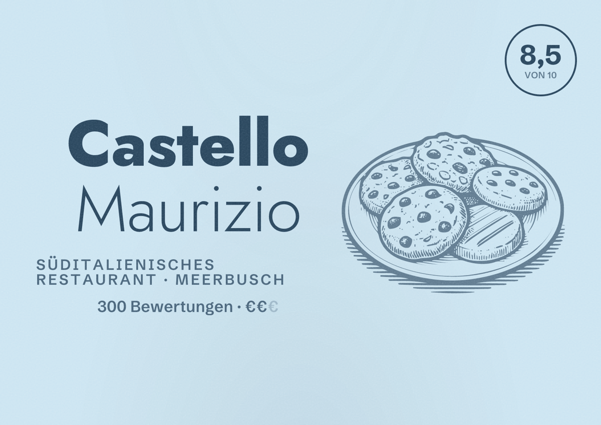 Illustriertes Poster von Castello Maurizio, Süditalienisches Restaurant in Meerbusch: Bewertung 8,5 von 10 aus 300 Bewertungen, Preisniveau €€
