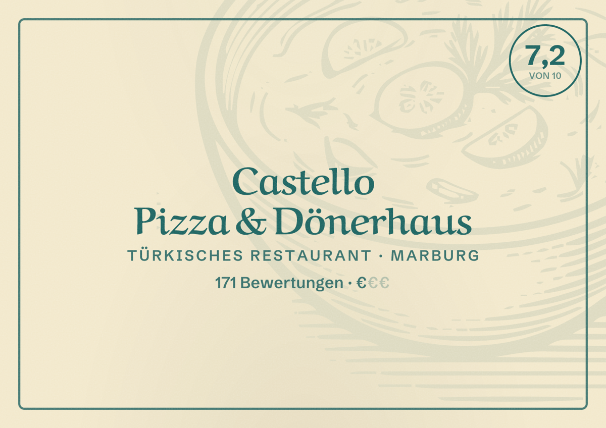 Illustriertes Poster von Castello Pizza & Dönerhaus, Türkisches Restaurant in Marburg: Bewertung 7,2 von 10 aus 171 Bewertungen, Preisniveau €