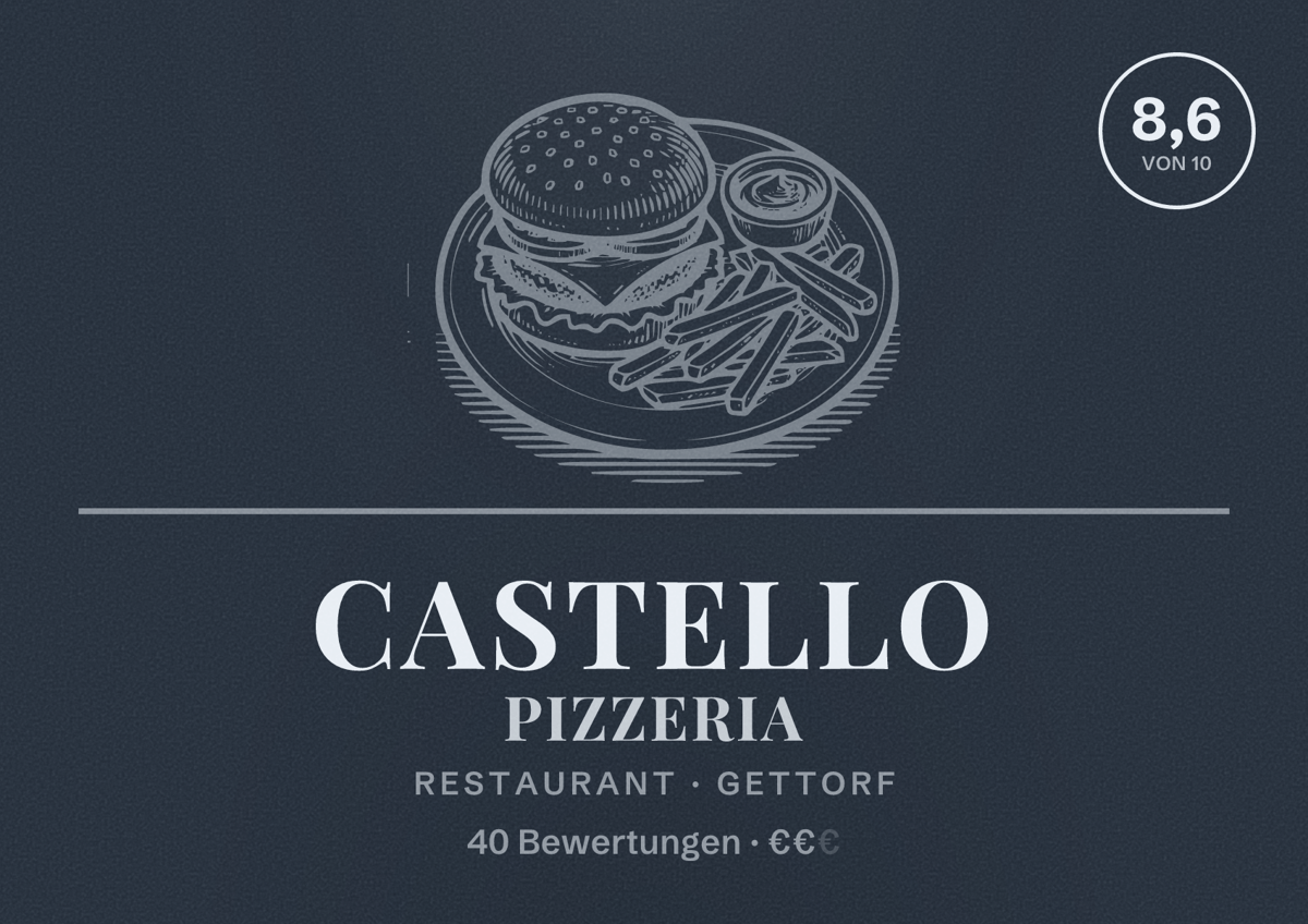 Illustriertes Poster von Castello Pizzeria, Restaurant in Gettorf: Bewertung 8,6 von 10 aus 40 Bewertungen, Preisniveau €€