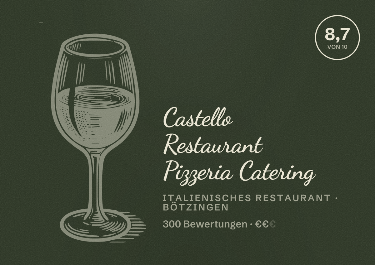Illustriertes Poster von Castello Restaurant Pizzeria Catering, Italienisches Restaurant in Bötzingen: Bewertung 8,7 von 10 aus 300 Bewertungen, Preisniveau €€