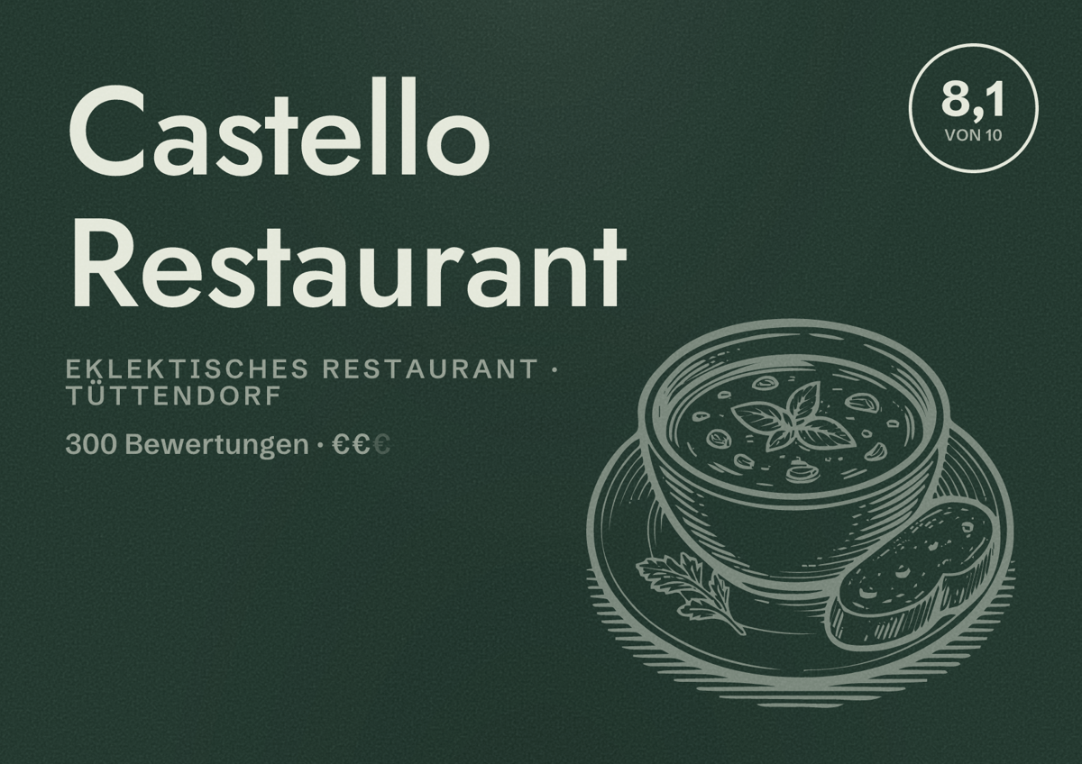 Illustriertes Poster von Castello Restaurant, Eklektisches Restaurant in Tüttendorf: Bewertung 8,1 von 10 aus 300 Bewertungen, Preisniveau €€