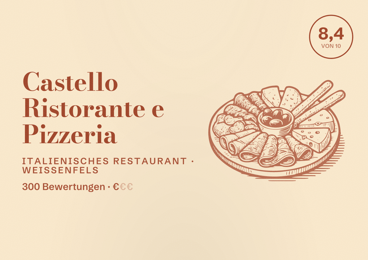 Illustriertes Poster von Castello Ristorante e Pizzeria, Italienisches Restaurant in Weißenfels: Bewertung 8,4 von 10 aus 300 Bewertungen, Preisniveau €