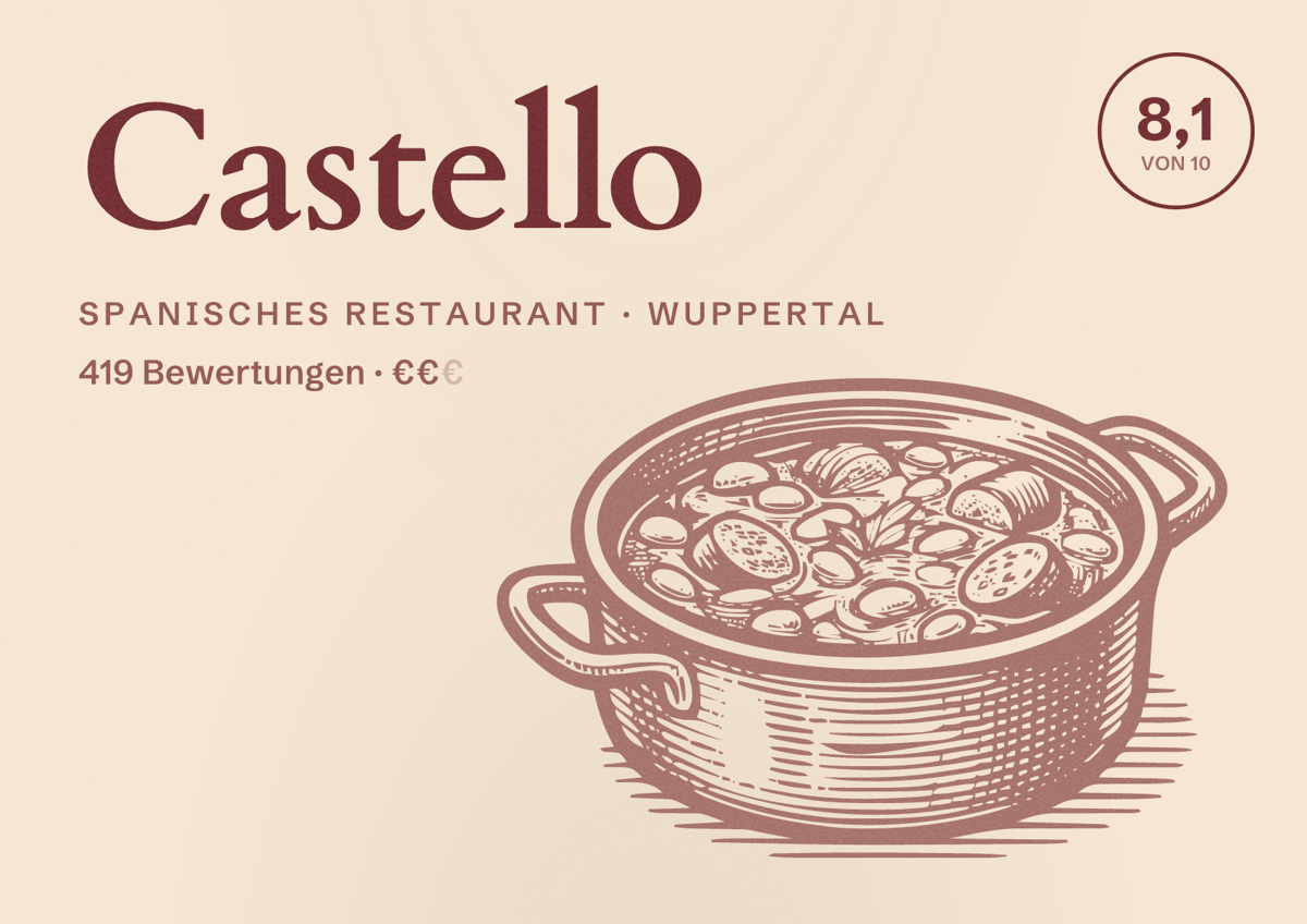 Illustriertes Poster von Castello, Spanisches Restaurant in Wuppertal: Bewertung 8,1 von 10 aus 419 Bewertungen, Preisniveau €€