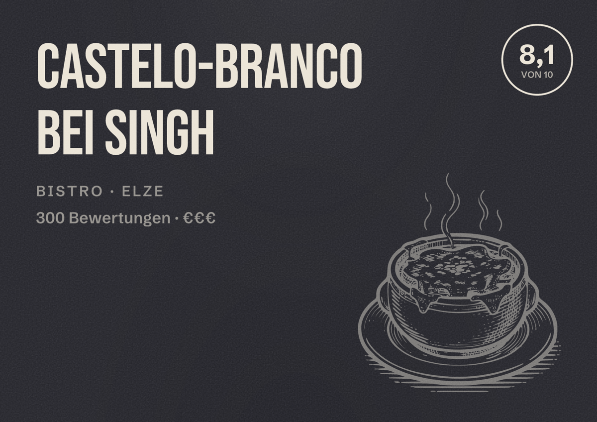 Illustriertes Poster von Castelo-Branco Bei Singh, Bistro in Elze: Bewertung 8,1 von 10 aus 300 Bewertungen, Preisniveau €€€