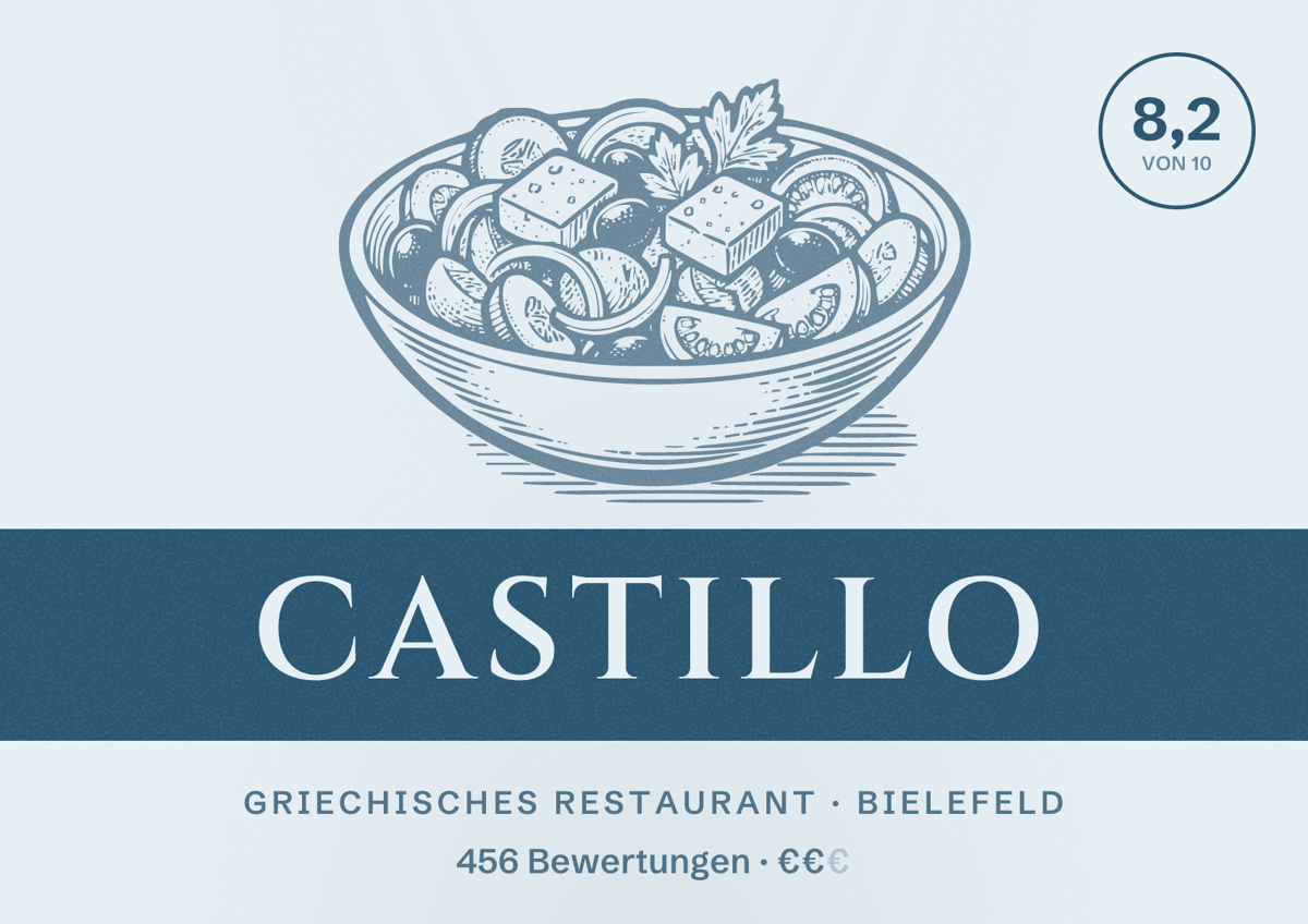 Illustriertes Poster von Castillo, Griechisches Restaurant in Bielefeld: Bewertung 8,2 von 10 aus 456 Bewertungen, Preisniveau €€