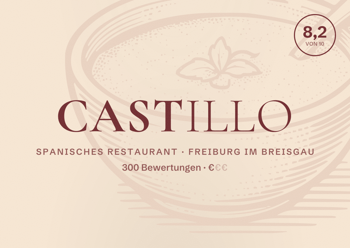 Illustriertes Poster von Castillo, Spanisches Restaurant in Freiburg im Breisgau: Bewertung 8,2 von 10 aus 300 Bewertungen, Preisniveau €