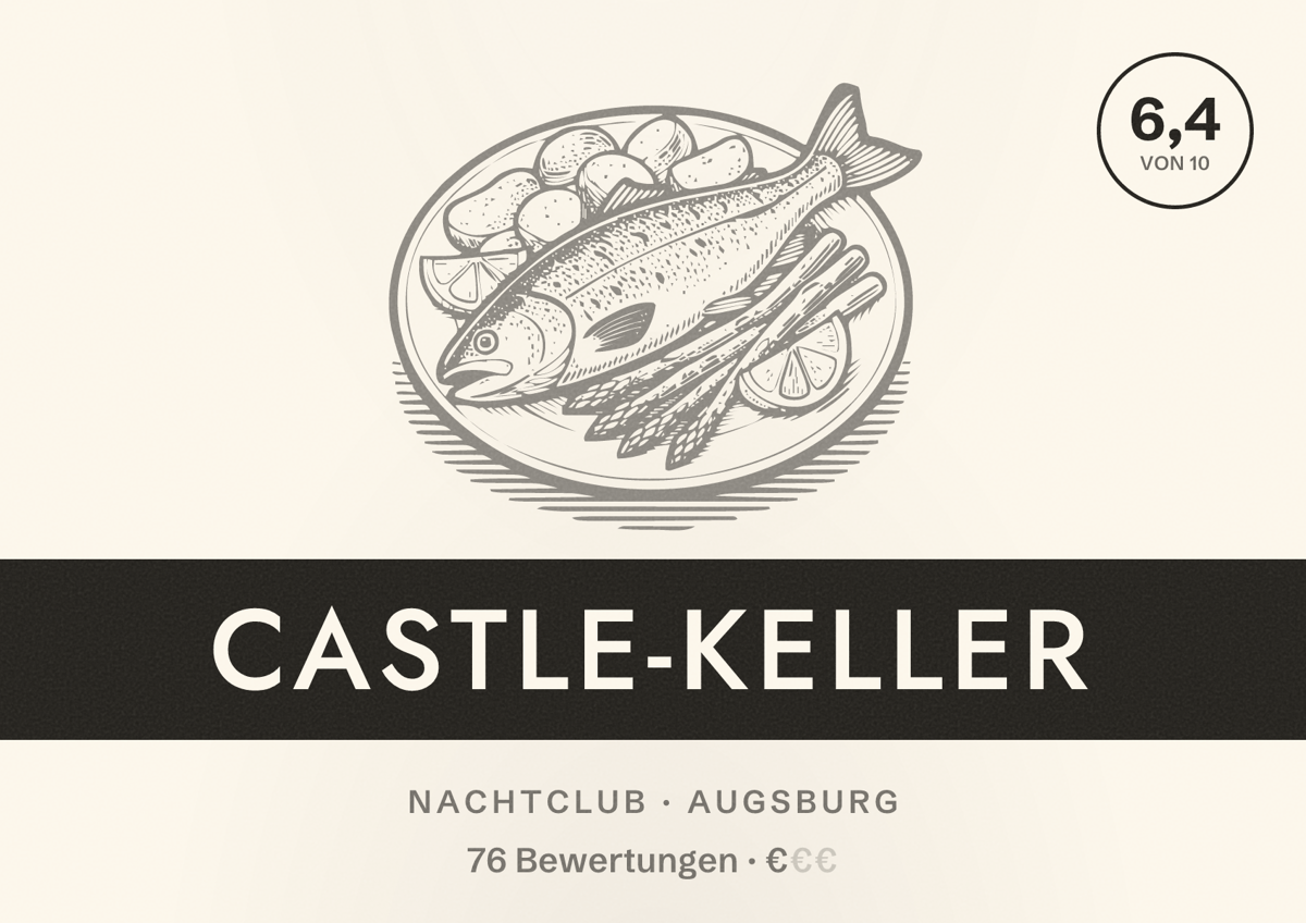 Illustriertes Poster von Castle-Keller, Nachtclub in Augsburg: Bewertung 6,4 von 10 aus 76 Bewertungen, Preisniveau €
