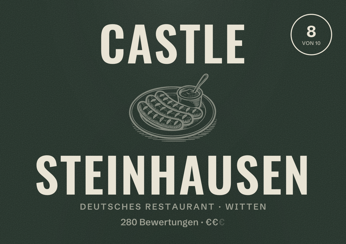 Illustriertes Poster von Castle Steinhausen, Deutsches Restaurant in Witten: Bewertung 8 von 10 aus 280 Bewertungen, Preisniveau €€