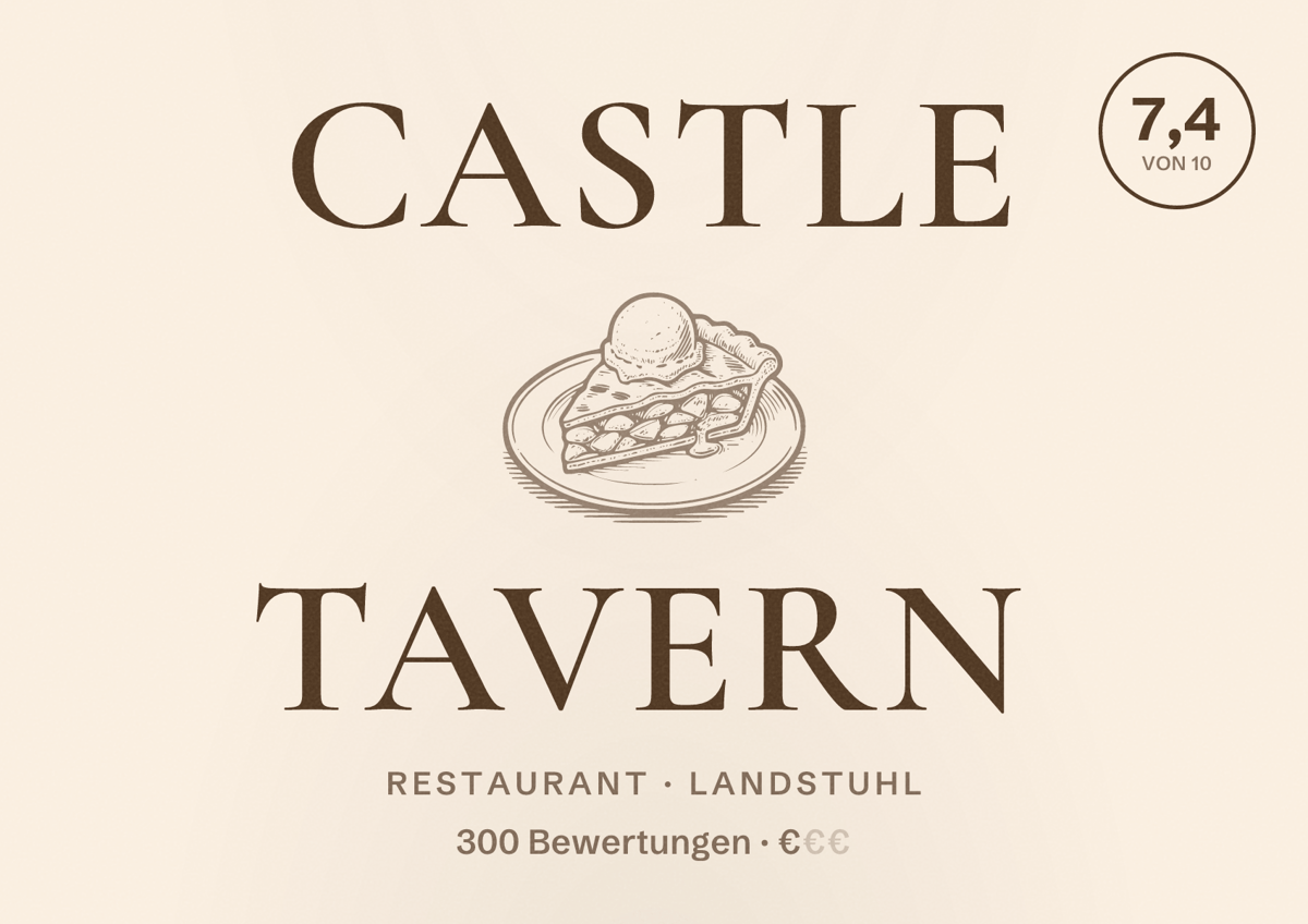Illustriertes Poster von Castle Tavern, Restaurant in Landstuhl: Bewertung 7,4 von 10 aus 300 Bewertungen, Preisniveau €