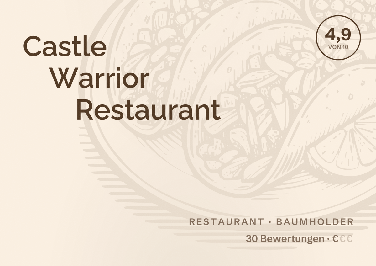 Illustriertes Poster von Castle Warrior Restaurant, Restaurant in Baumholder: Bewertung 4,9 von 10 aus 30 Bewertungen, Preisniveau €
