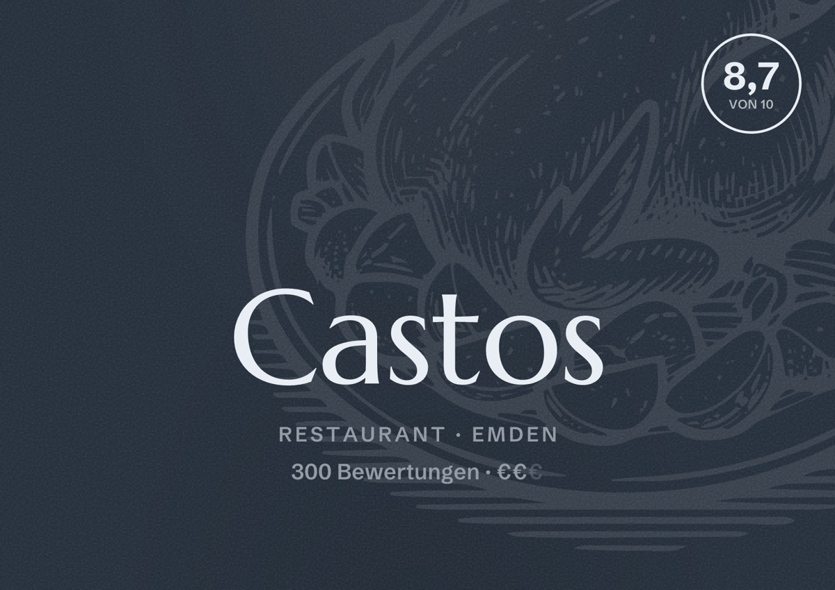 Illustriertes Poster von Castos, Restaurant in Emden: Bewertung 8,7 von 10 aus 300 Bewertungen, Preisniveau €€