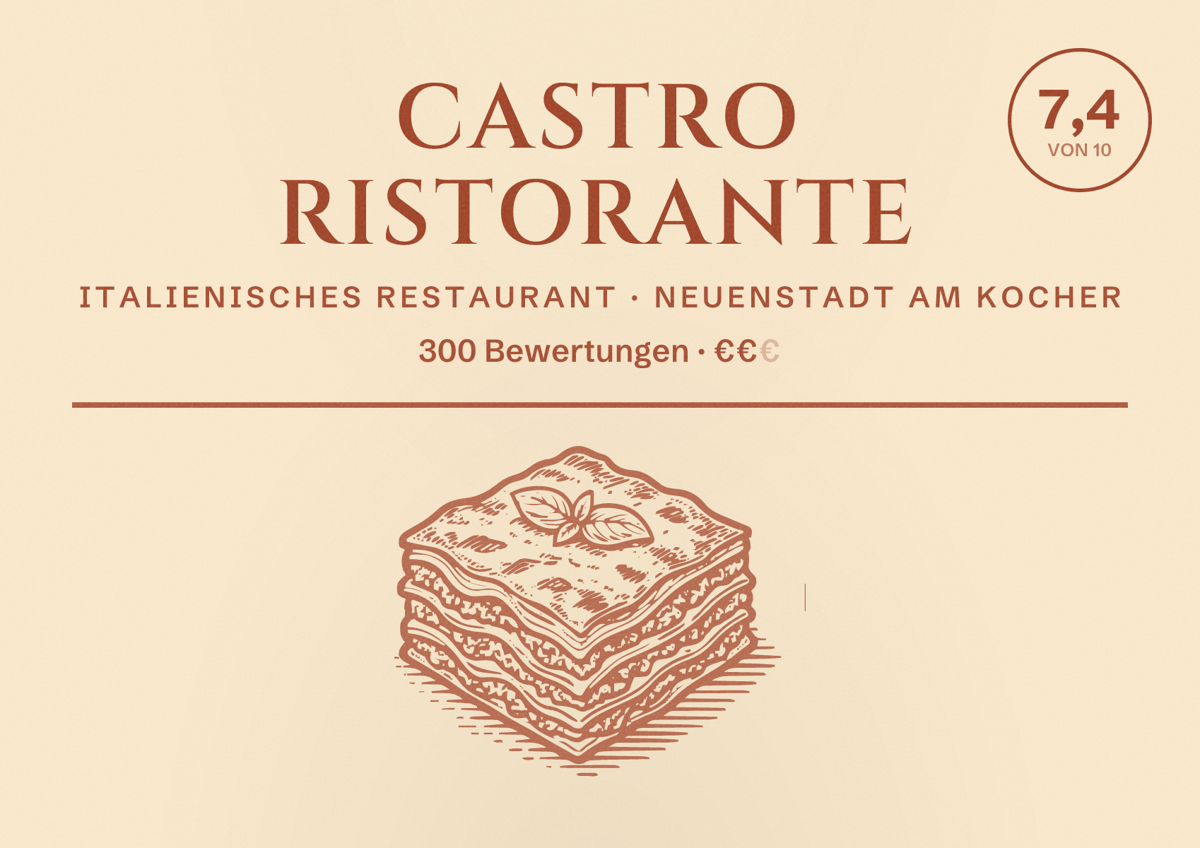 Illustriertes Poster von Castro Ristorante, Italienisches Restaurant in Neuenstadt am Kocher: Bewertung 7,4 von 10 aus 300 Bewertungen, Preisniveau €€