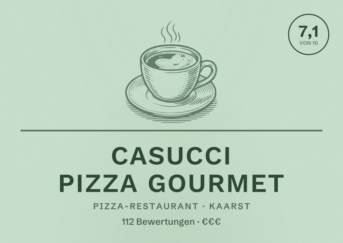 Illustriertes Poster von Casucci Pizza Gourmet, Pizza-Restaurant in Kaarst: Bewertung 7,1 von 10 aus 112 Bewertungen, Preisniveau €€€