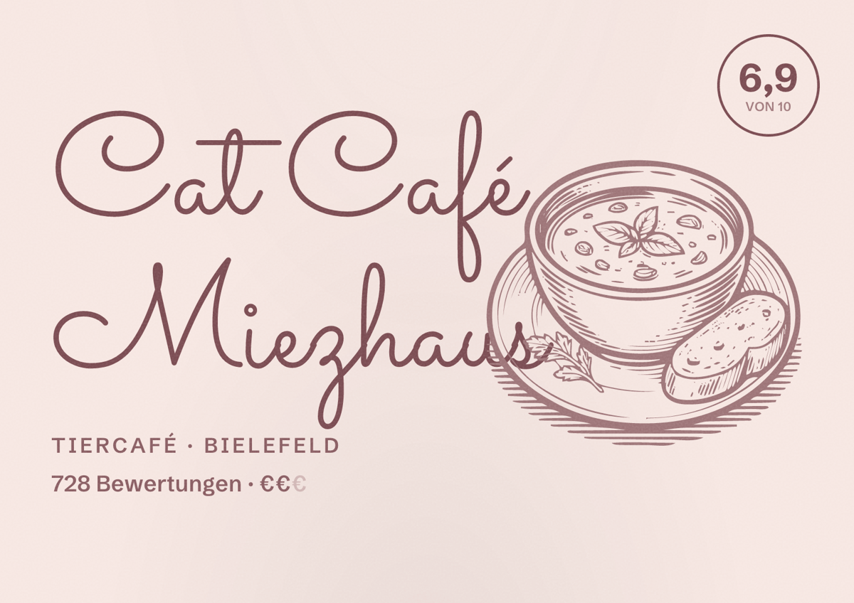 Illustriertes Poster von Cat Café Miezhaus, Tiercafé in Bielefeld: Bewertung 6,9 von 10 aus 728 Bewertungen, Preisniveau €€