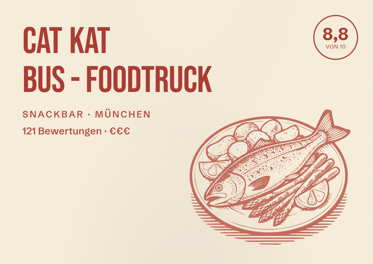 Illustriertes Poster von Cat Kat Bus - Foodtruck, Snackbar in München: Bewertung 8,8 von 10 aus 121 Bewertungen, Preisniveau €€€
