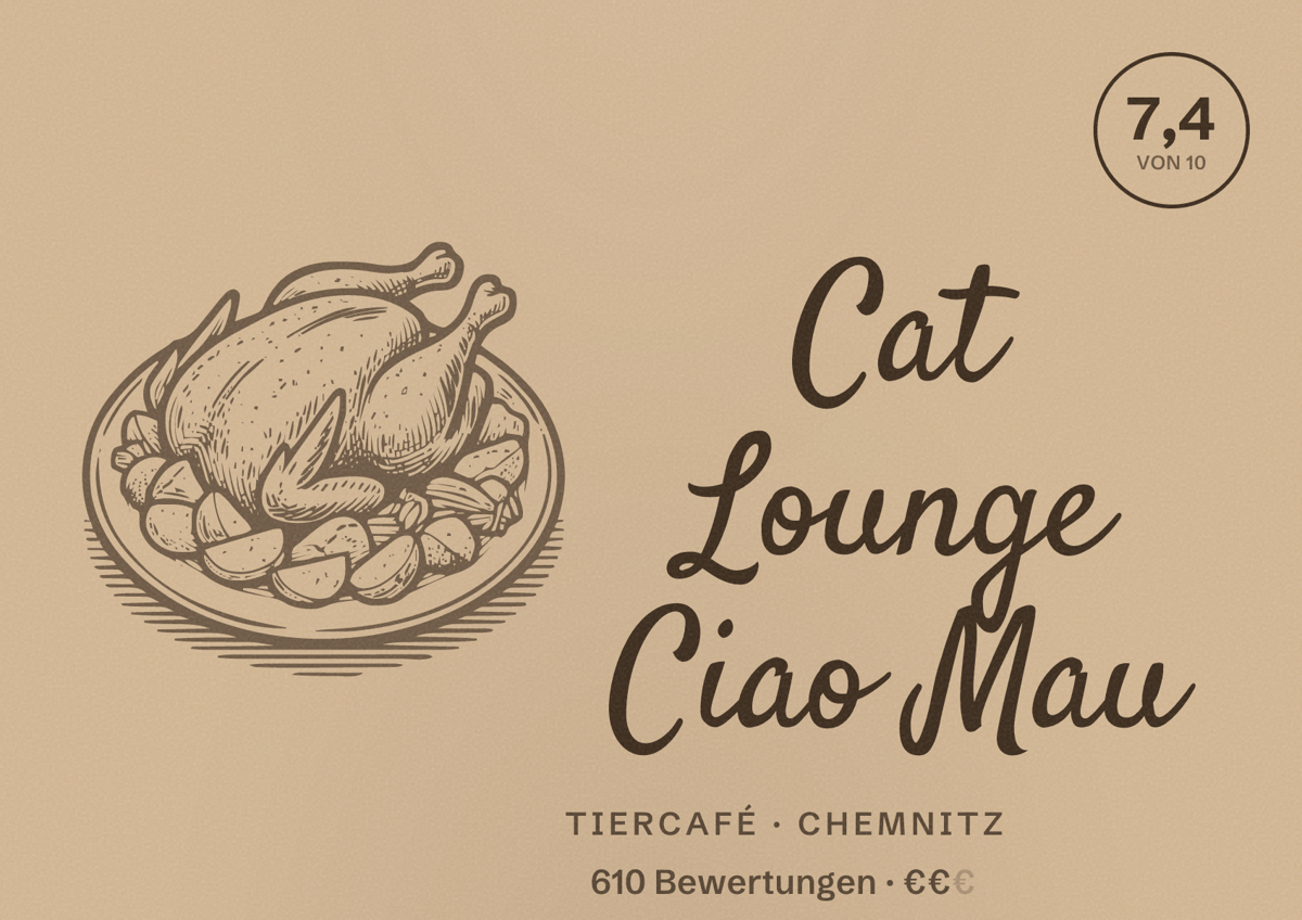 Illustriertes Poster von Cat Lounge Ciao Mau, Tiercafé in Chemnitz: Bewertung 7,4 von 10 aus 610 Bewertungen, Preisniveau €€