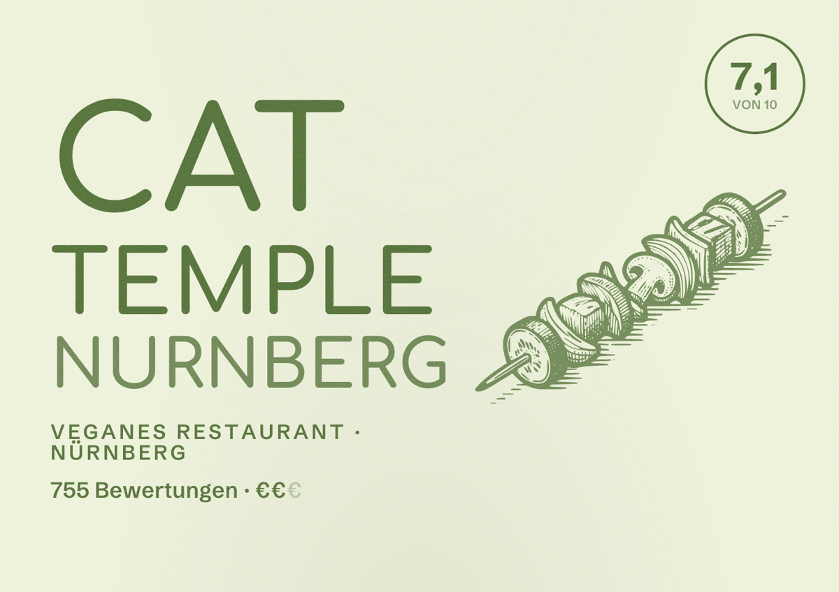 Illustriertes Poster von Cat Temple Nurnberg, Veganes Restaurant in Nürnberg: Bewertung 7,1 von 10 aus 755 Bewertungen, Preisniveau €€