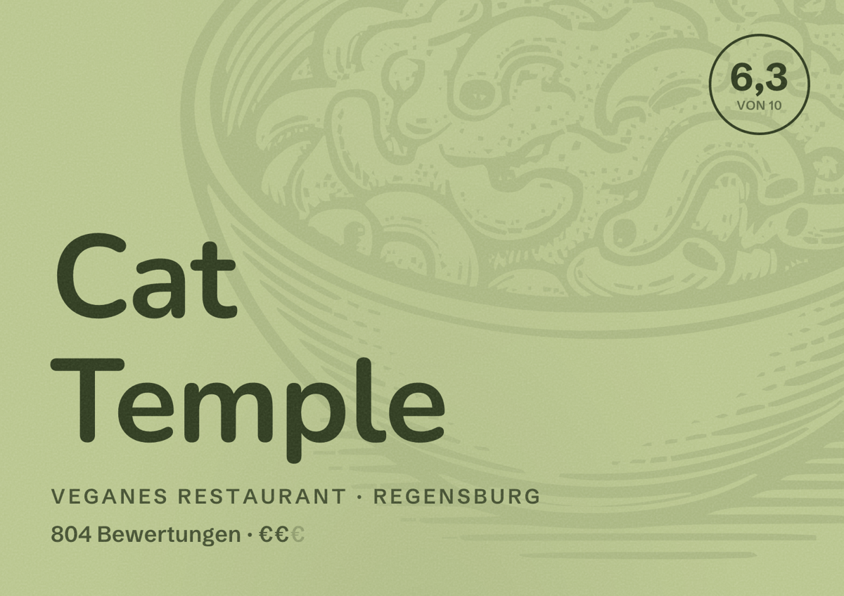 Illustriertes Poster von Cat Temple, Veganes Restaurant in Regensburg: Bewertung 6,3 von 10 aus 804 Bewertungen, Preisniveau €€