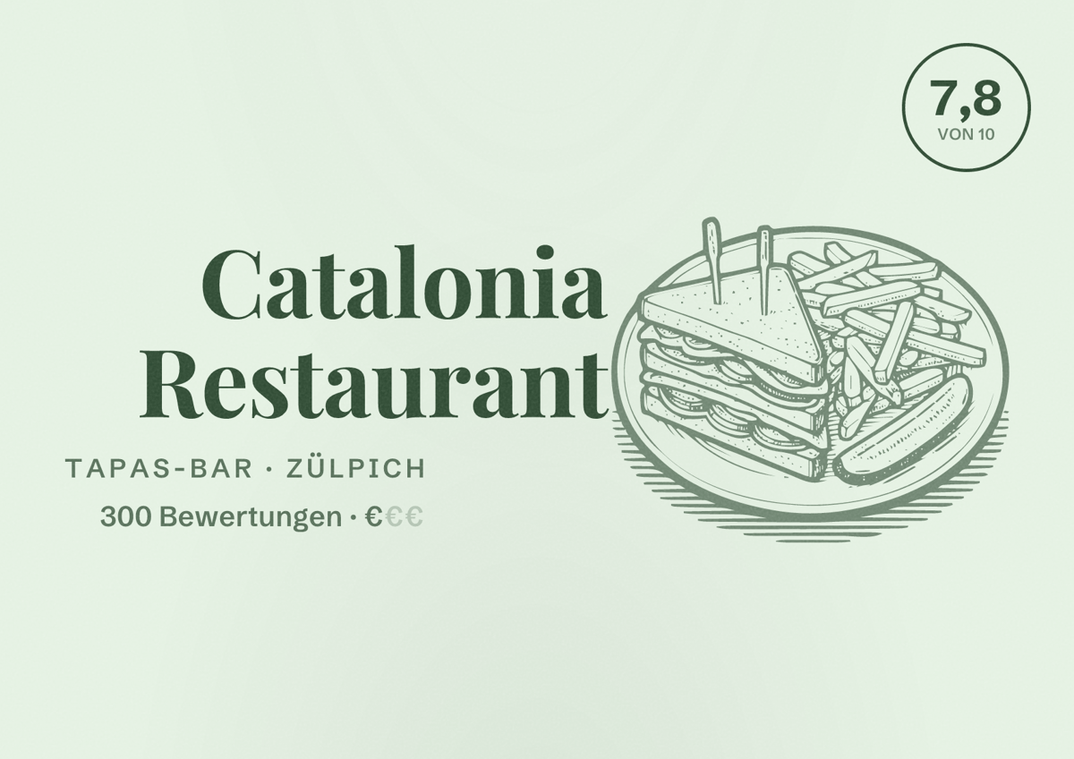 Illustriertes Poster von Catalonia Restaurant, Tapas-Bar in Zülpich: Bewertung 7,8 von 10 aus 300 Bewertungen, Preisniveau €