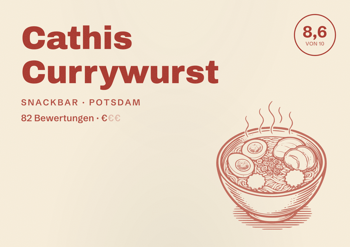 Illustriertes Poster von Cathis Currywurst, Snackbar in Potsdam: Bewertung 8,6 von 10 aus 82 Bewertungen, Preisniveau €