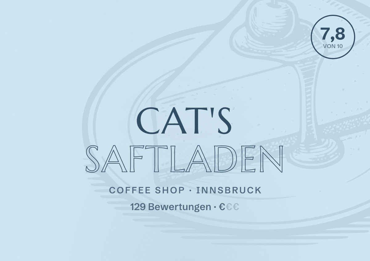 Illustriertes Poster von Cat's Saftladen, Coffee Shop in Innsbruck: Bewertung 7,8 von 10 aus 129 Bewertungen, Preisniveau €