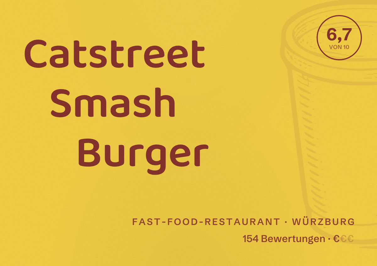 Illustriertes Poster von Catstreet Smash Burger, Fast-Food-Restaurant in Würzburg: Bewertung 6,7 von 10 aus 154 Bewertungen, Preisniveau €