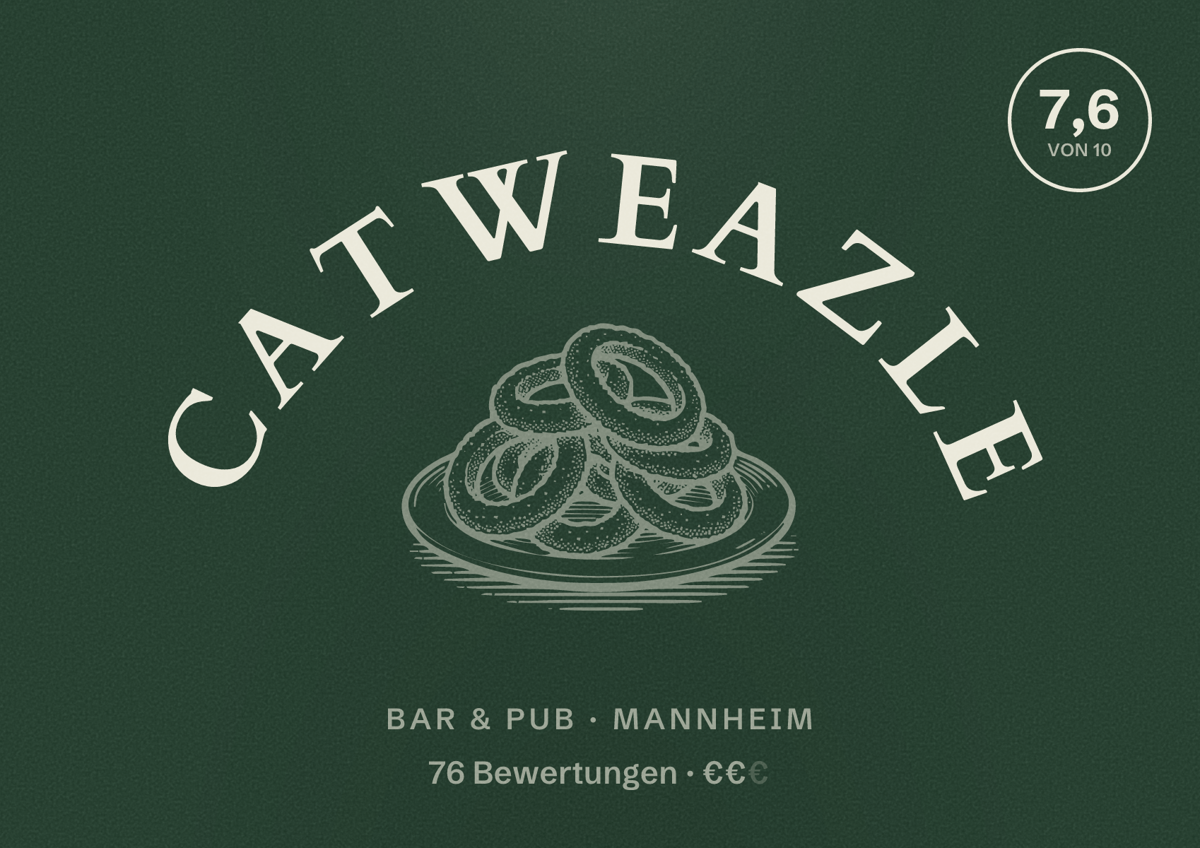 Illustriertes Poster von Catweazle, Bar & Pub in Mannheim: Bewertung 7,6 von 10 aus 76 Bewertungen, Preisniveau €€
