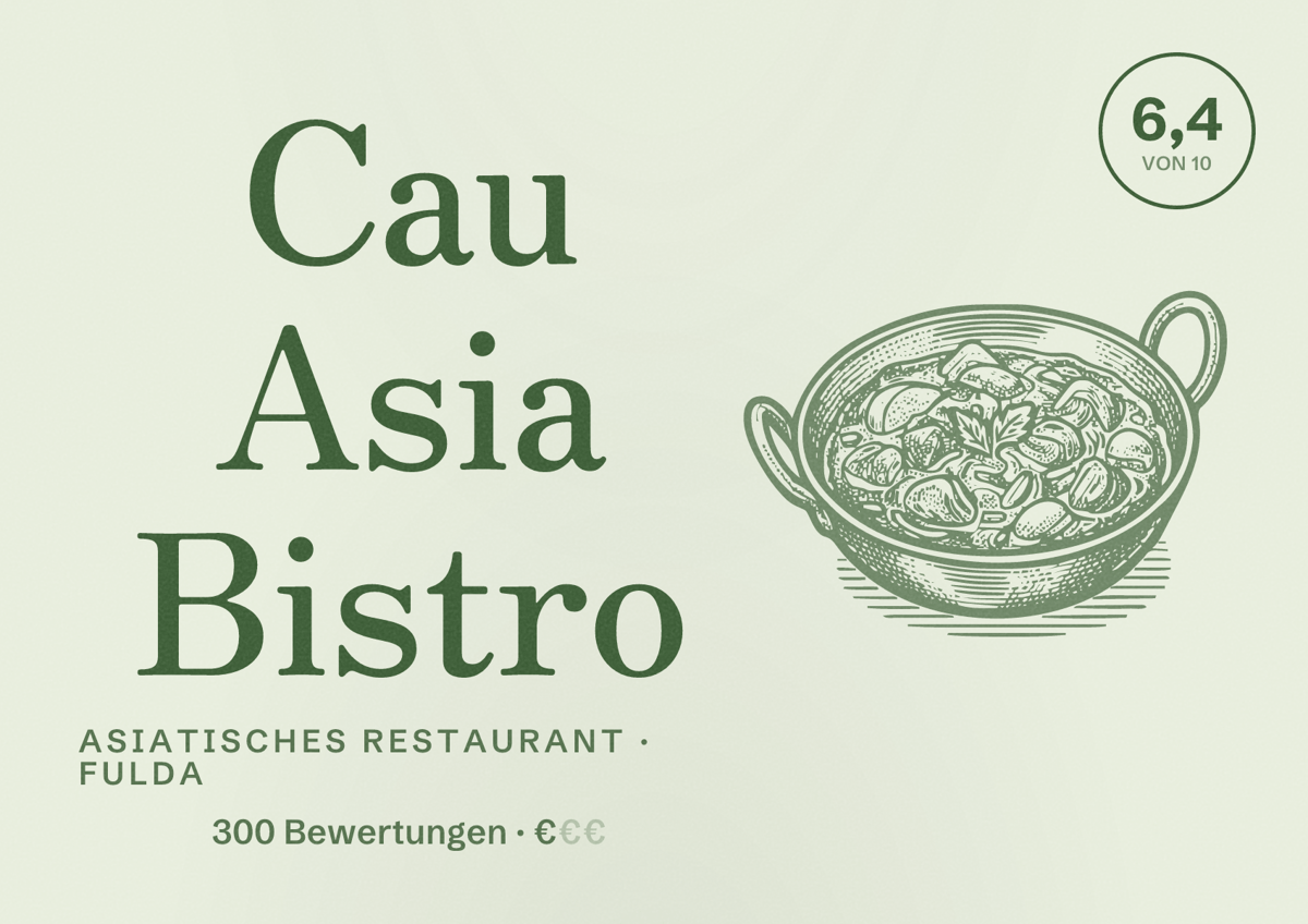 Illustriertes Poster von Cau Asia Bistro, Asiatisches Restaurant in Fulda: Bewertung 6,4 von 10 aus 300 Bewertungen, Preisniveau €