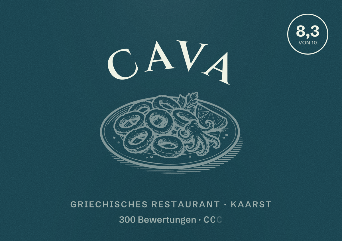 Illustriertes Poster von Cava, Griechisches Restaurant in Kaarst: Bewertung 8,3 von 10 aus 300 Bewertungen, Preisniveau €€