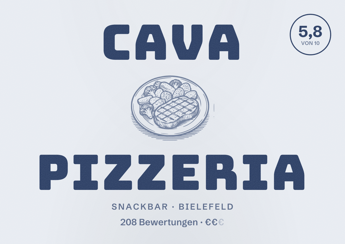 Illustriertes Poster von Cava Pizzeria, Snackbar in Bielefeld: Bewertung 5,8 von 10 aus 208 Bewertungen, Preisniveau €€