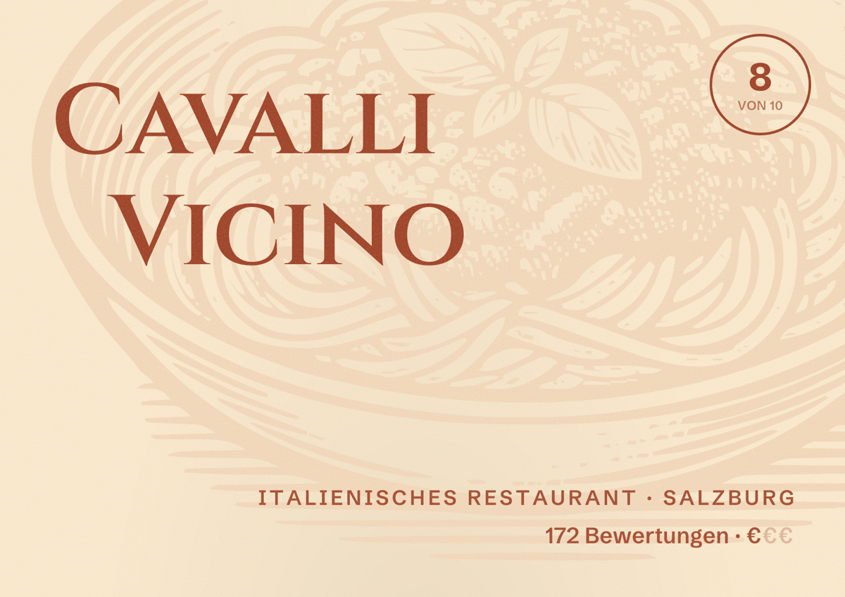 Illustriertes Poster von Cavalli Vicino, Italienisches Restaurant in Salzburg: Bewertung 8 von 10 aus 172 Bewertungen, Preisniveau €