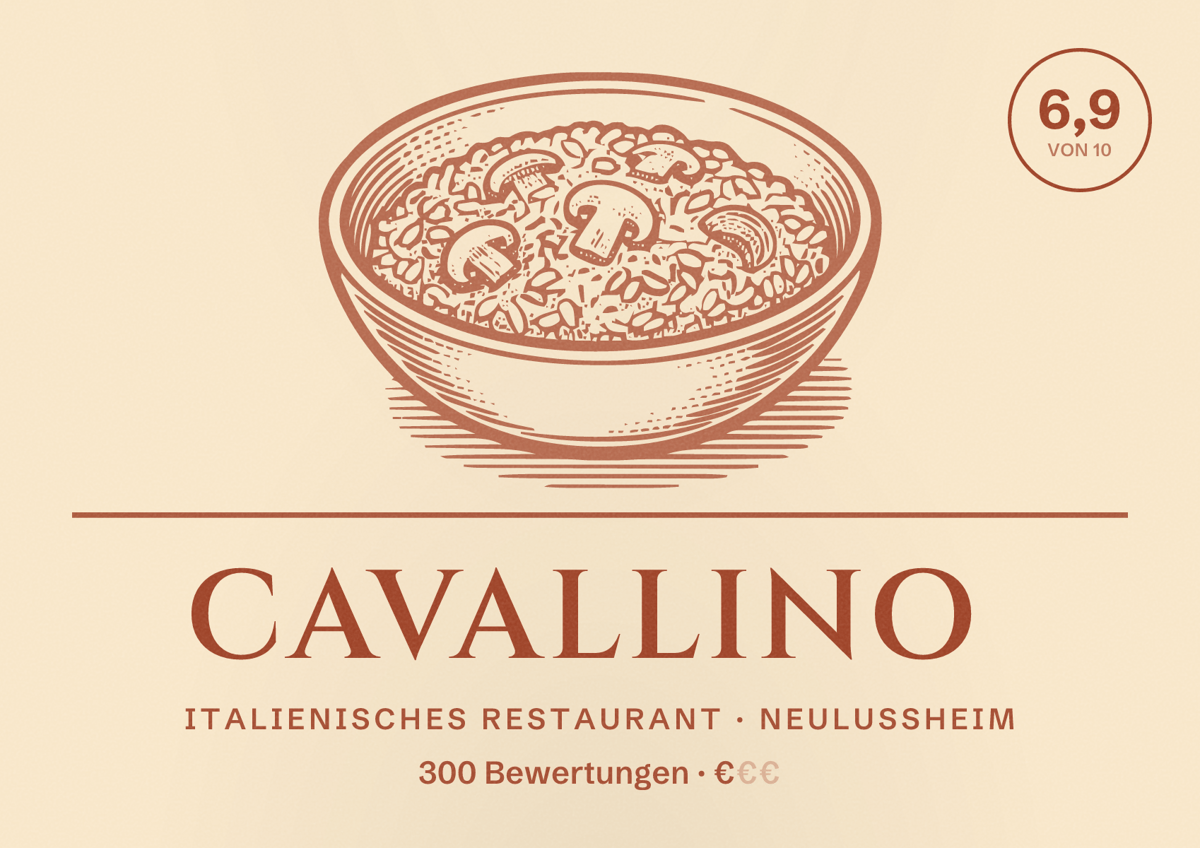 Illustriertes Poster von Cavallino, Italienisches Restaurant in Neulußheim: Bewertung 6,9 von 10 aus 300 Bewertungen, Preisniveau €