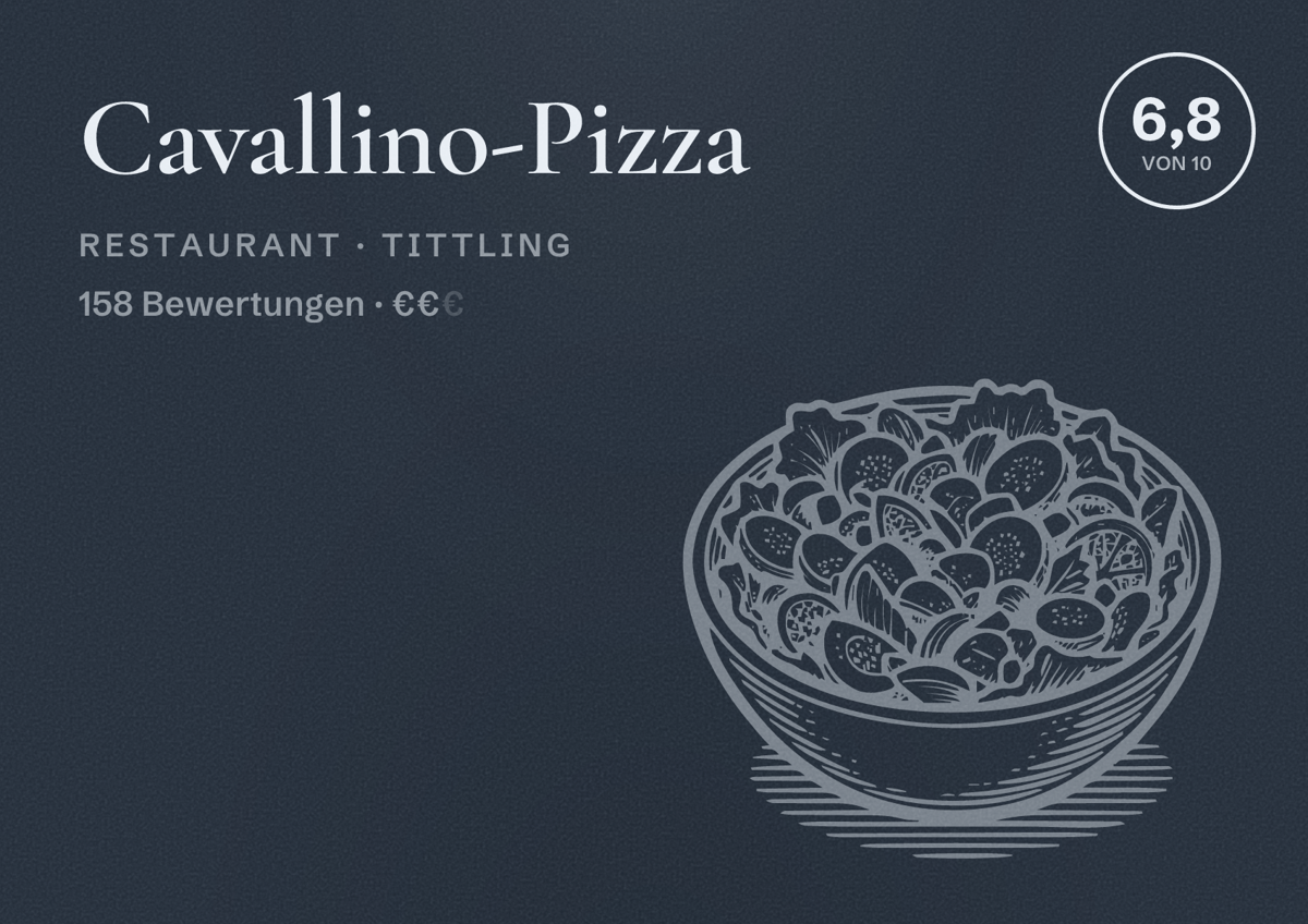 Illustriertes Poster von Cavallino-Pizza, Restaurant in Tittling: Bewertung 6,8 von 10 aus 158 Bewertungen, Preisniveau €€