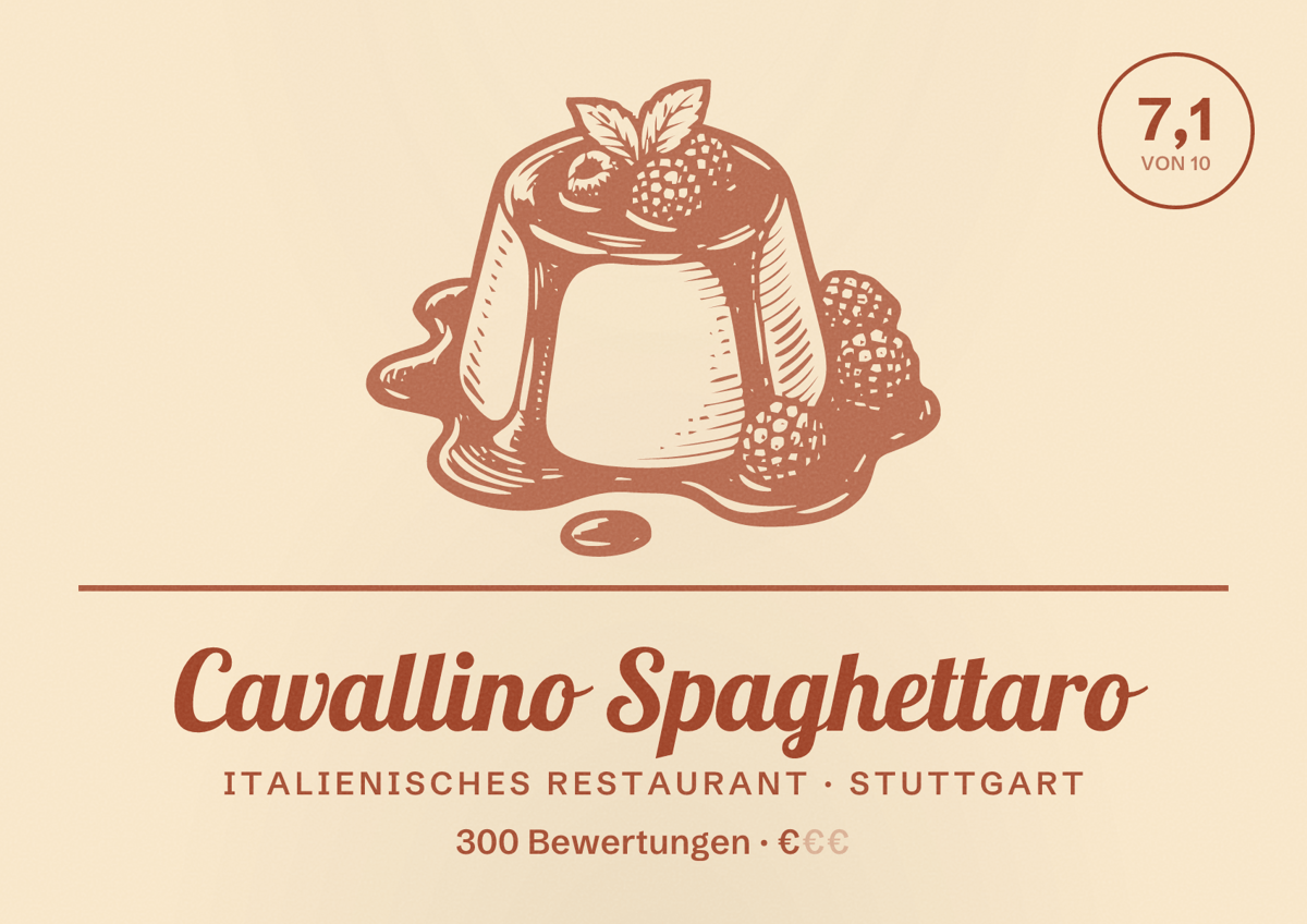 Illustriertes Poster von Cavallino Spaghettaro, Italienisches Restaurant in Stuttgart: Bewertung 7,1 von 10 aus 300 Bewertungen, Preisniveau €