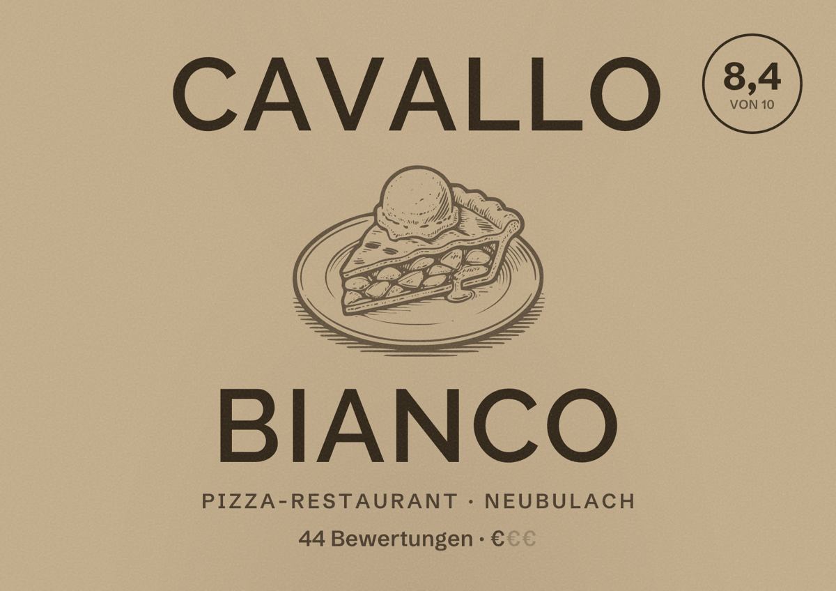 Illustriertes Poster von Cavallo Bianco, Pizza-Restaurant in Neubulach: Bewertung 8,4 von 10 aus 44 Bewertungen, Preisniveau €