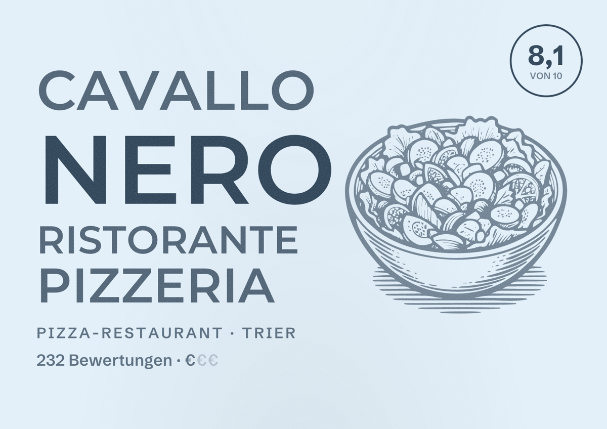 Illustriertes Poster von Cavallo Nero Ristorante Pizzeria, Pizza-Restaurant in Trier: Bewertung 8,1 von 10 aus 232 Bewertungen, Preisniveau €