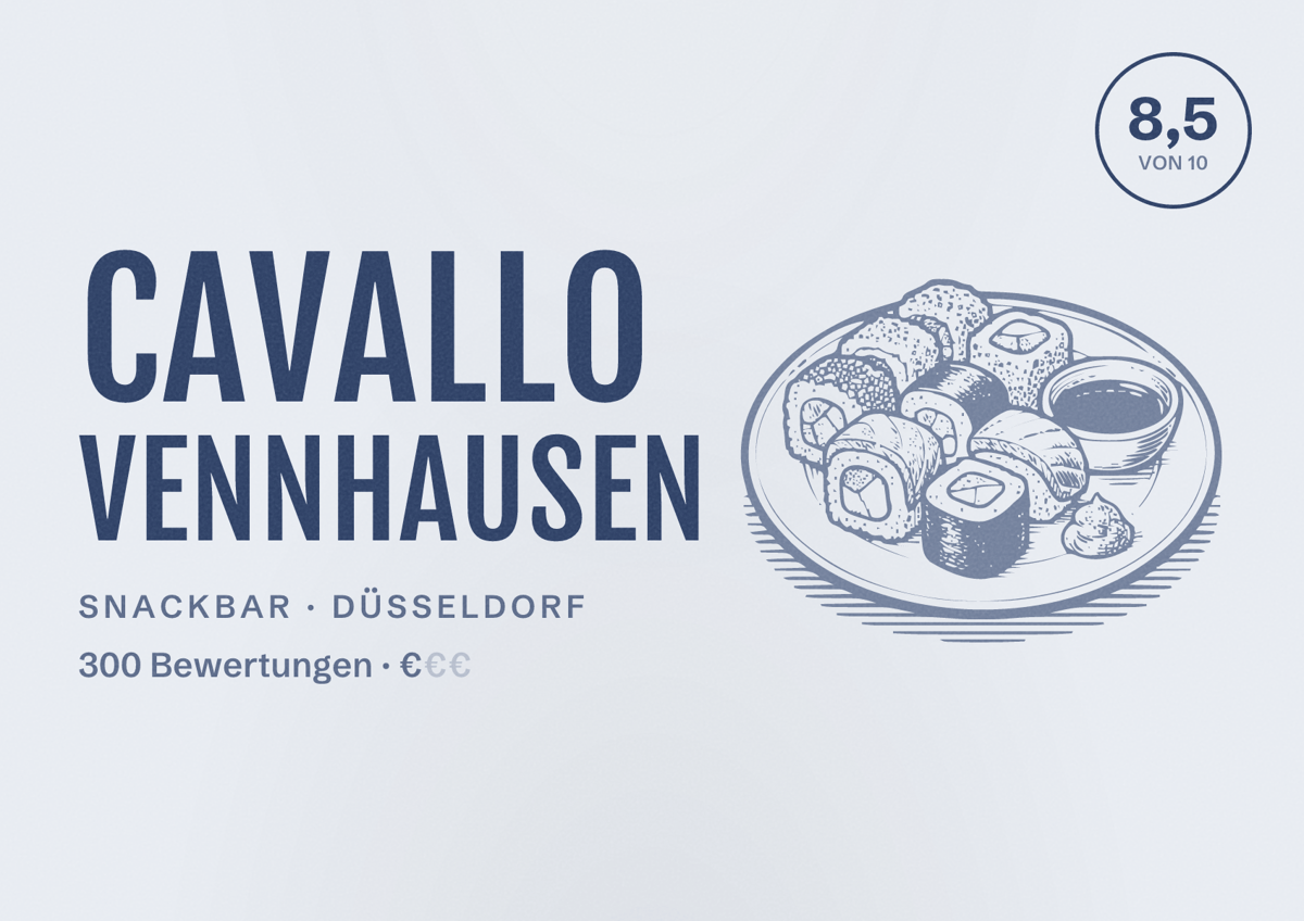 Illustriertes Poster von Cavallo Vennhausen, Snackbar in Düsseldorf: Bewertung 8,5 von 10 aus 300 Bewertungen, Preisniveau €
