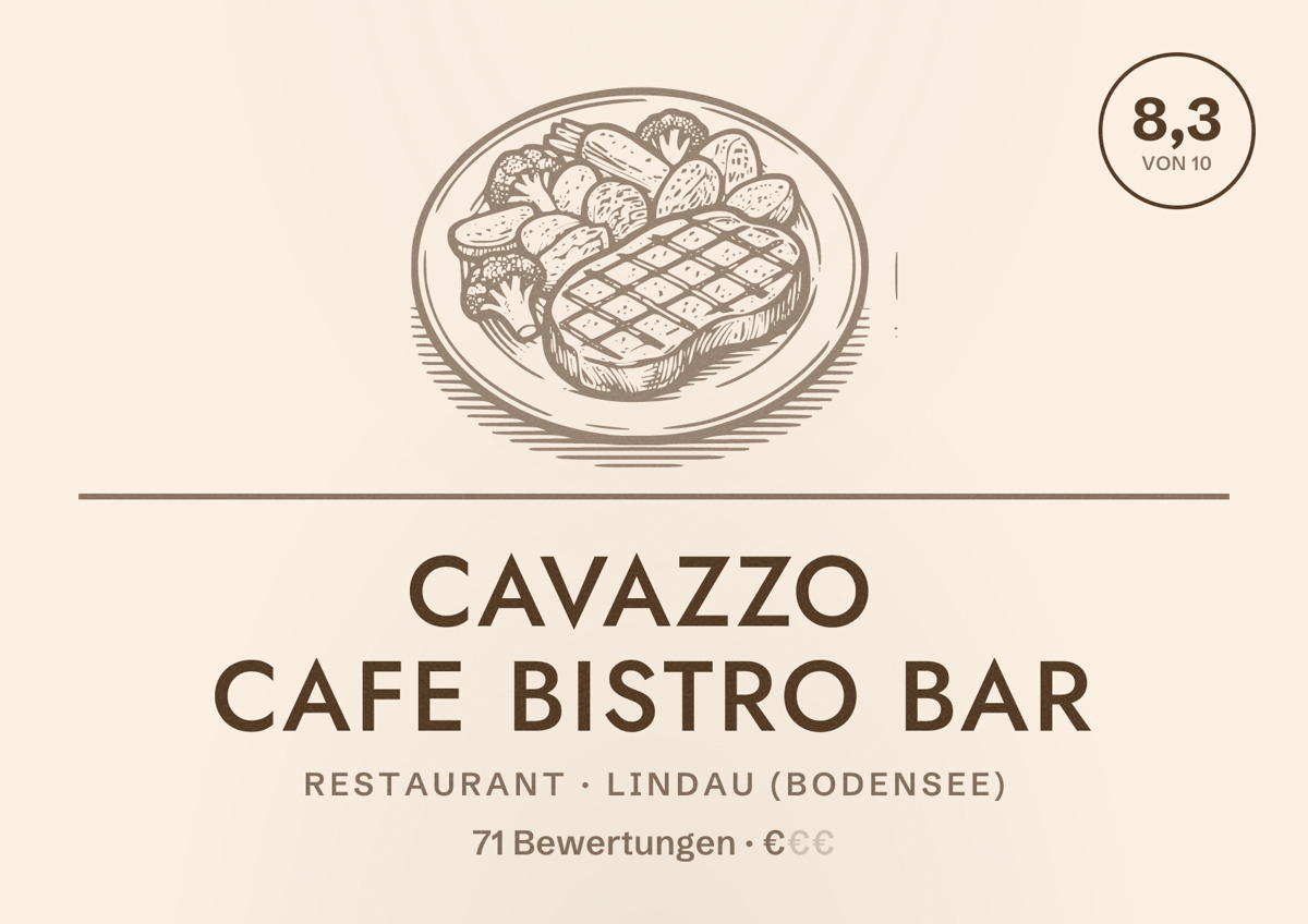 Illustriertes Poster von Cavazzo Cafe Bistro Bar, Restaurant in Lindau (Bodensee): Bewertung 8,3 von 10 aus 71 Bewertungen, Preisniveau €