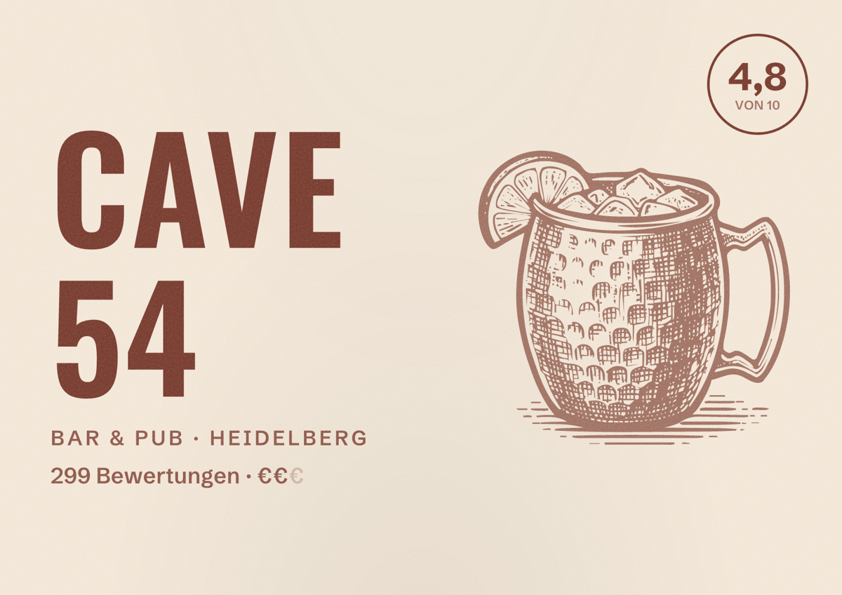Illustriertes Poster von Cave 54, Bar & Pub in Heidelberg: Bewertung 4,8 von 10 aus 299 Bewertungen, Preisniveau €€