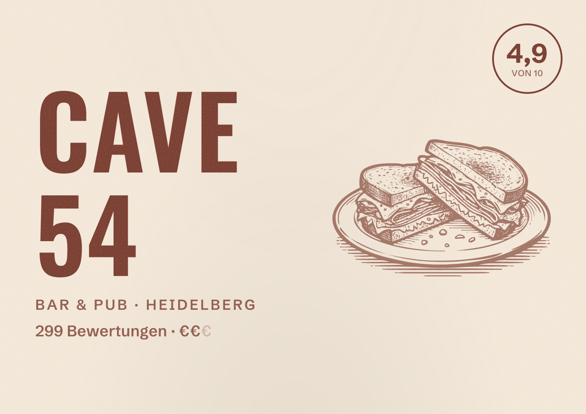 Illustriertes Poster von Cave 54, Bar & Pub in Heidelberg: Bewertung 4,9 von 10 aus 299 Bewertungen, Preisniveau €€