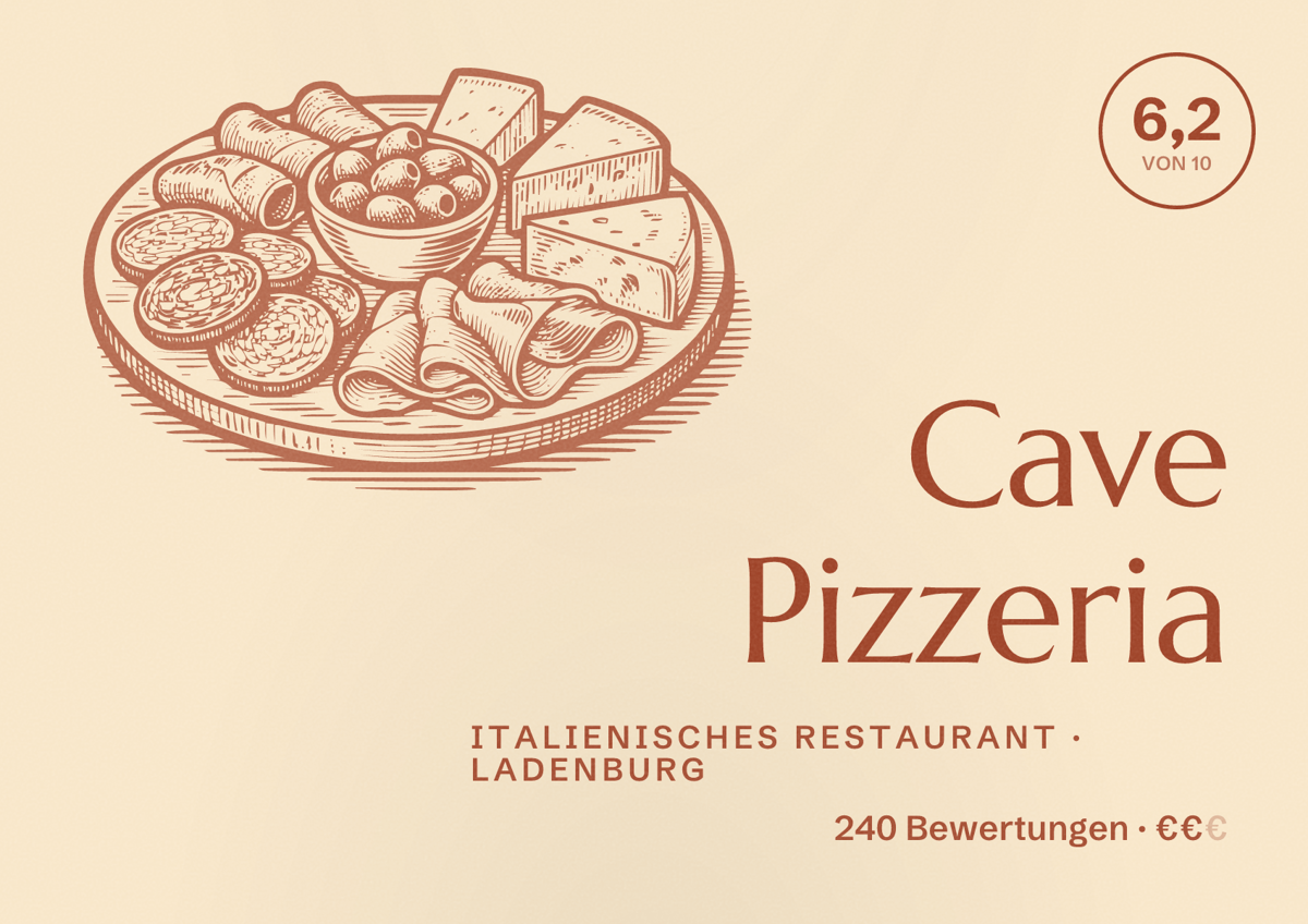 Illustriertes Poster von Cave Pizzeria, Italienisches Restaurant in Ladenburg: Bewertung 6,2 von 10 aus 240 Bewertungen, Preisniveau €€