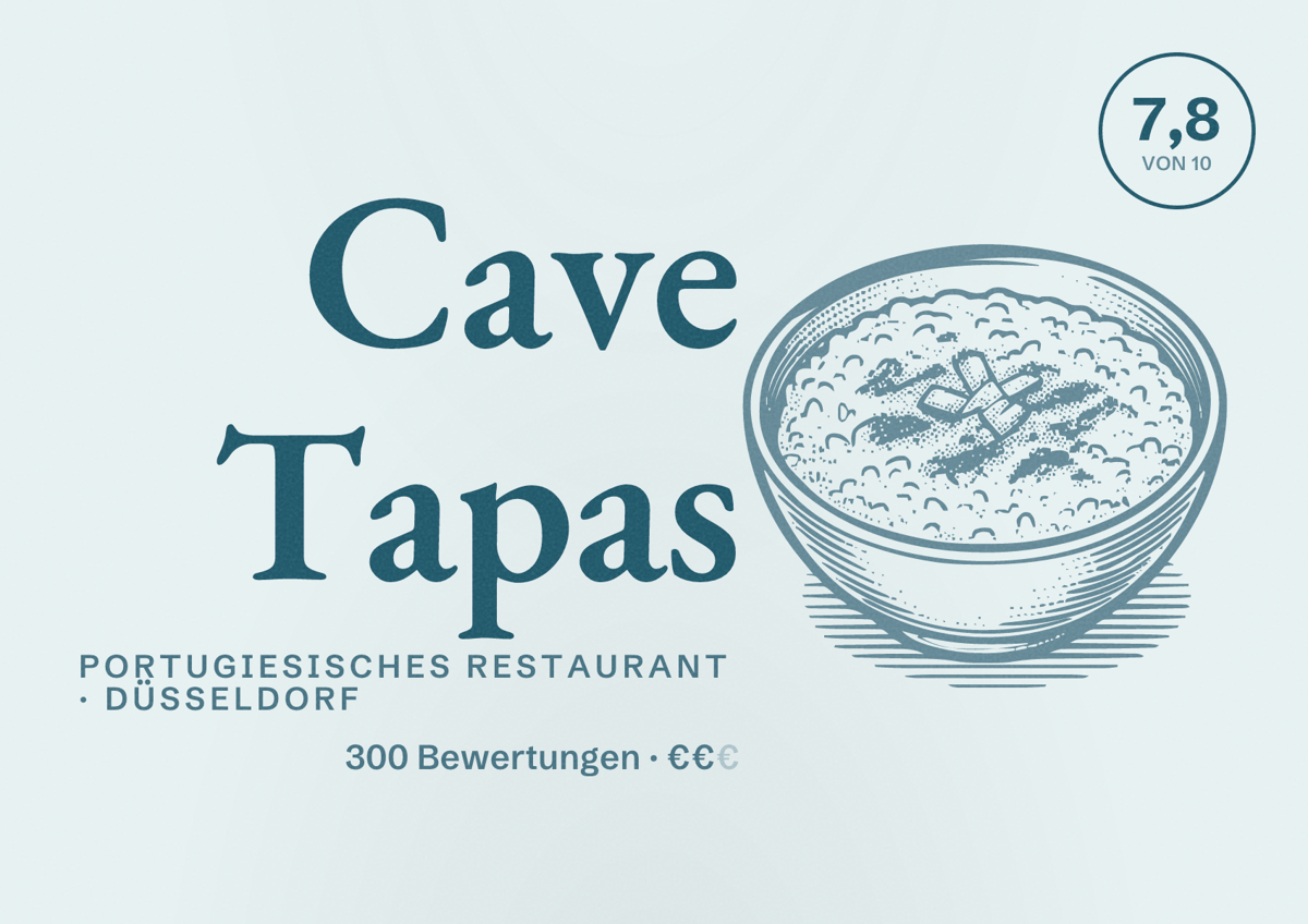 Illustriertes Poster von Cave Tapas, Portugiesisches Restaurant in Düsseldorf: Bewertung 7,8 von 10 aus 300 Bewertungen, Preisniveau €€