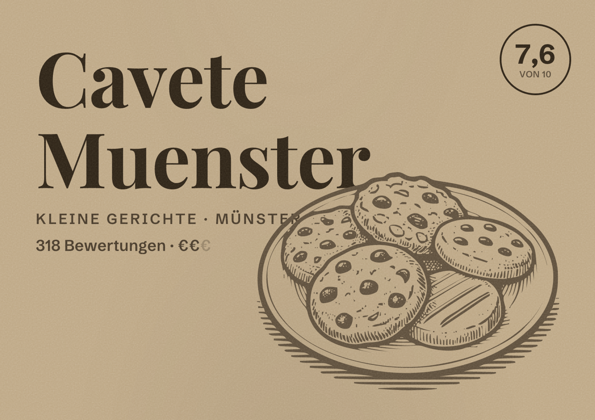 Illustriertes Poster von Cavete Muenster, Kleine Gerichte in Münster: Bewertung 7,6 von 10 aus 318 Bewertungen, Preisniveau €€