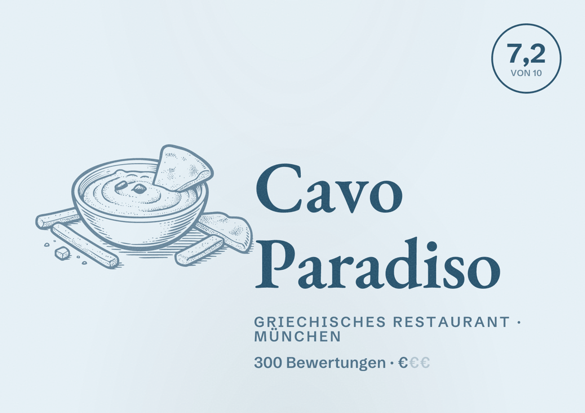 Illustriertes Poster von Cavo Paradiso, Griechisches Restaurant in München: Bewertung 7,2 von 10 aus 300 Bewertungen, Preisniveau €