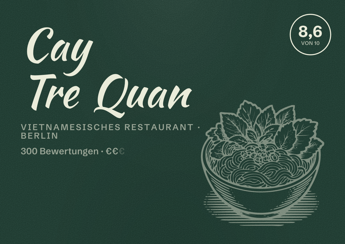 Illustriertes Poster von Cay Tre Quan, Vietnamesisches Restaurant in Berlin: Bewertung 8,6 von 10 aus 300 Bewertungen, Preisniveau €€