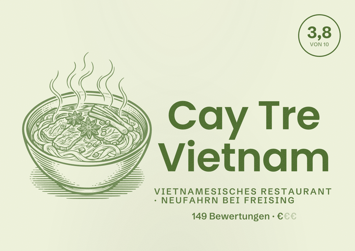 Illustriertes Poster von Cay Tre Vietnam, Vietnamesisches Restaurant in Neufahrn bei Freising: Bewertung 3,8 von 10 aus 149 Bewertungen, Preisniveau €