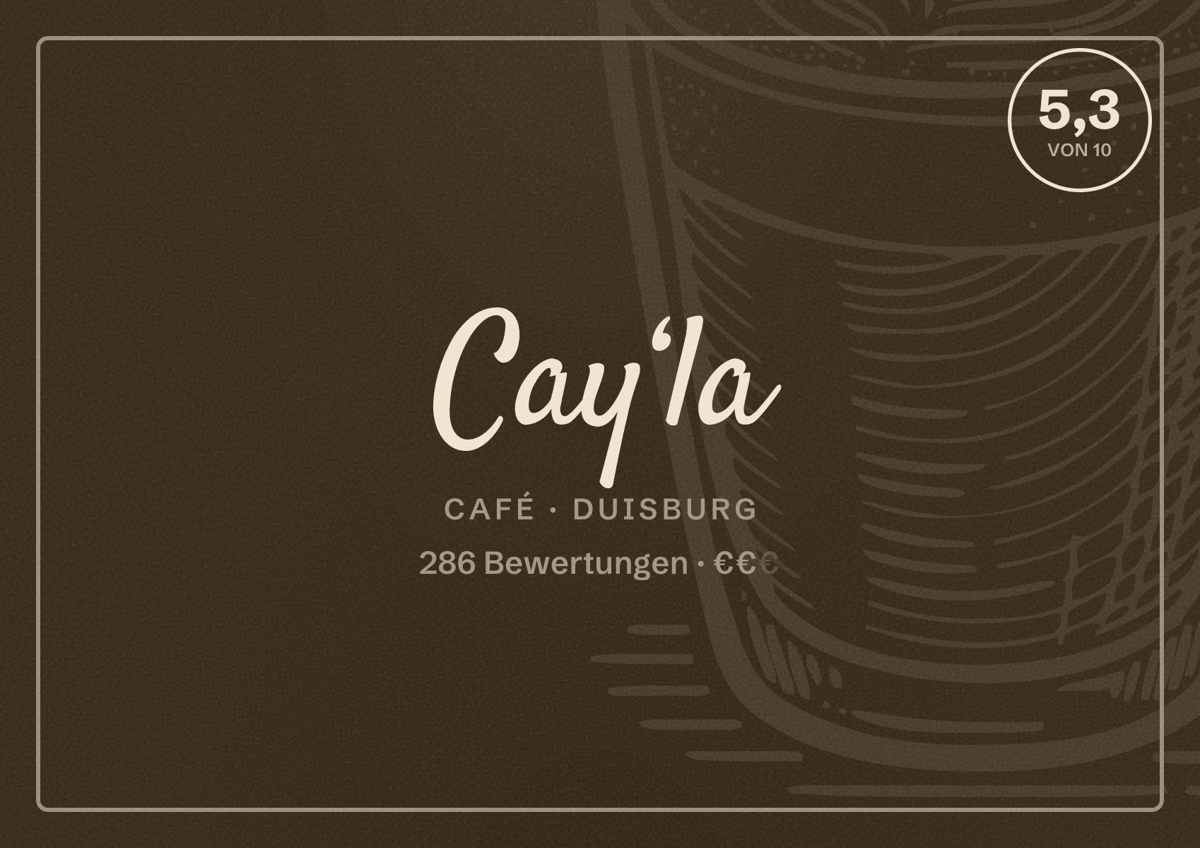 Illustriertes Poster von Cay‘la, Café in Duisburg: Gästebewertung 5,3 von 10 aus 286 Bewertungen