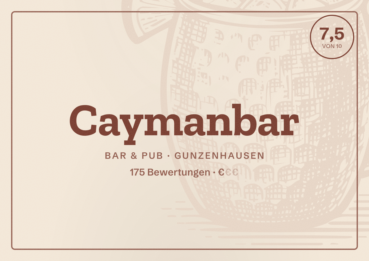 Illustriertes Poster von Caymanbar, Bar & Pub in Gunzenhausen: Bewertung 7,5 von 10 aus 175 Bewertungen, Preisniveau €