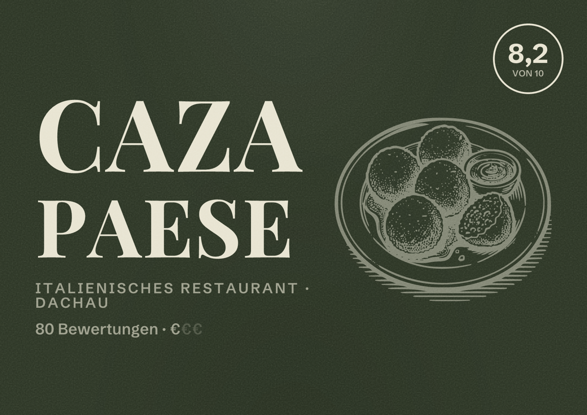 Illustriertes Poster von Caza Paese, Italienisches Restaurant in Dachau: Bewertung 8,2 von 10 aus 80 Bewertungen, Preisniveau €